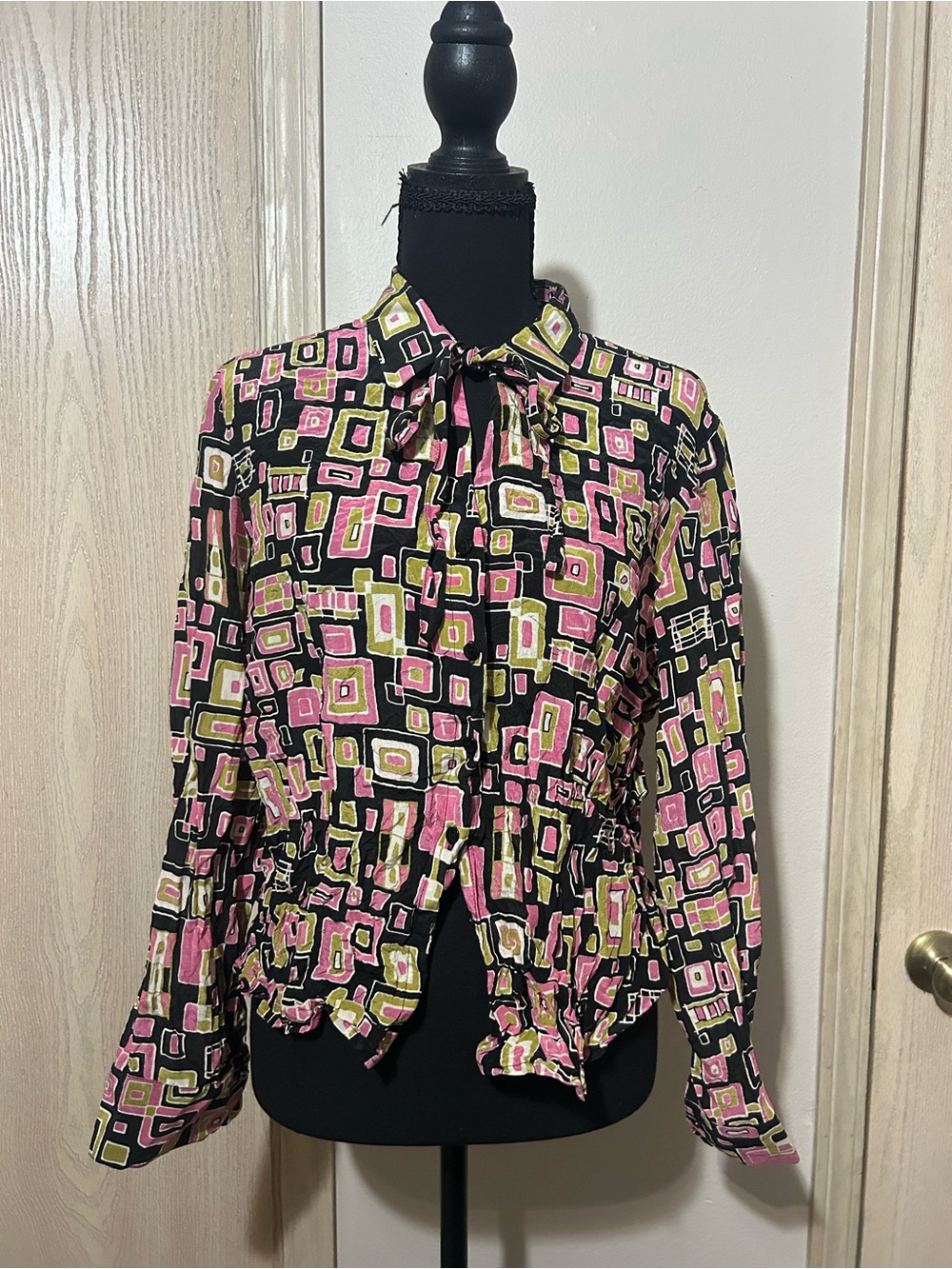 Willi Smith Silk Pink, Green & Black Geometric Tie-Neck Blouse